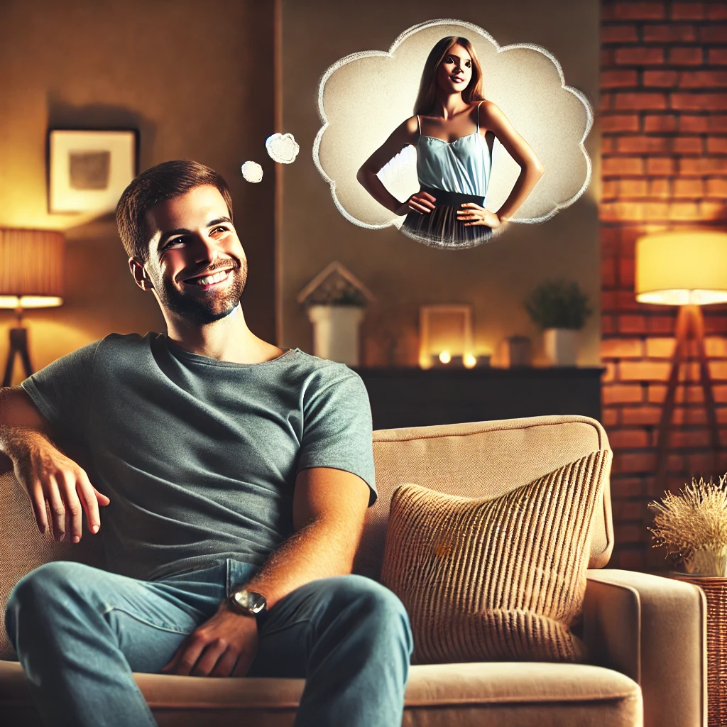 DALL·E 2024 06 20 14.01.04 A realistic image of a man having a happy fantasy, seated on a plush couch in a cozy living room with warm lighting and simple, comfortable decor. The